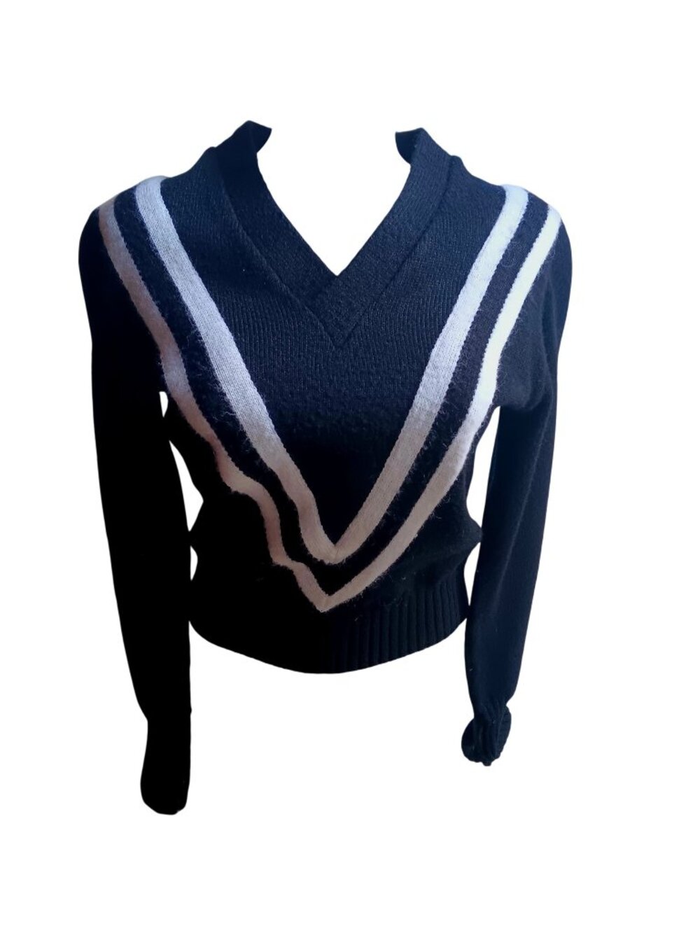 Vintage Small Cheerleader Sweater 1980's Supply Co. Black White V-Neck Retro